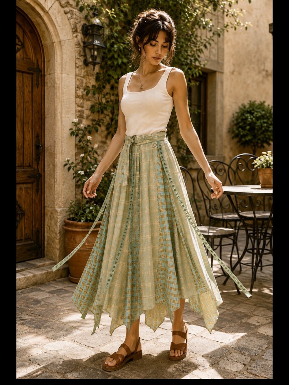 Blue Velvet Plaid Handkerchief Maxi Skirt Grommet Ribbon Boho Y2K M